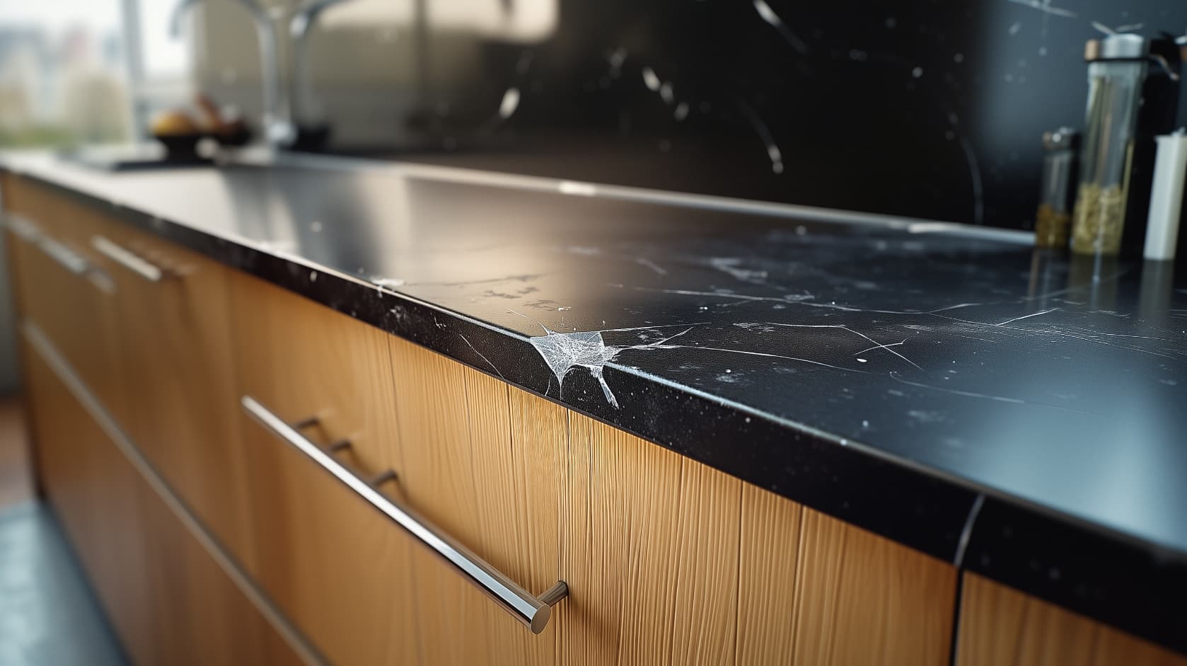 Een gebarsten zwart marmeren keukenblad met houten kastjes eronder, met zichtbare schade bij de rand in een moderne keuken.
