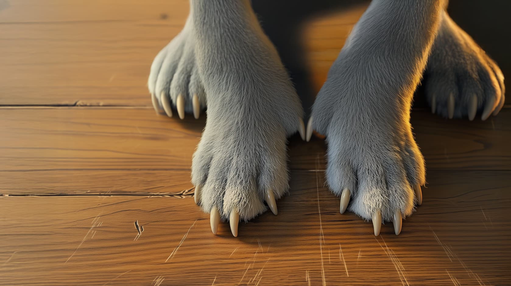 Een close-up van de voorpoten van een dier, waarschijnlijk een hond of wolf, met grijze vacht en zichtbare klauwen, rustend op een houten vloer met krassen.