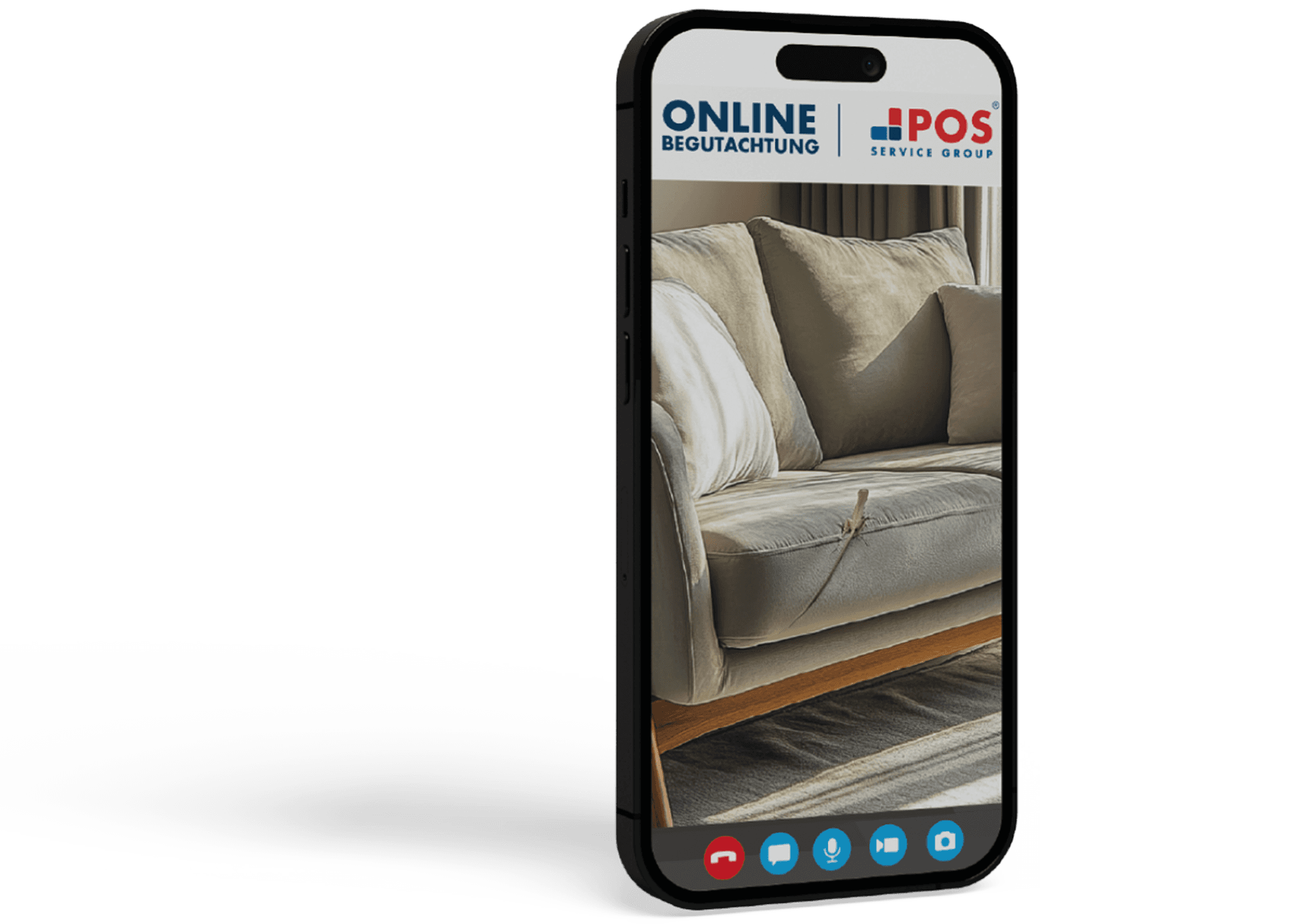 Een smartphone toont een videogesprek met een beige bank met een zichtbare scheur in de stof. Bovenaan het scherm staan de logo's ONLINE BEGUTACHTUNG en POS SERVICE GROUP.