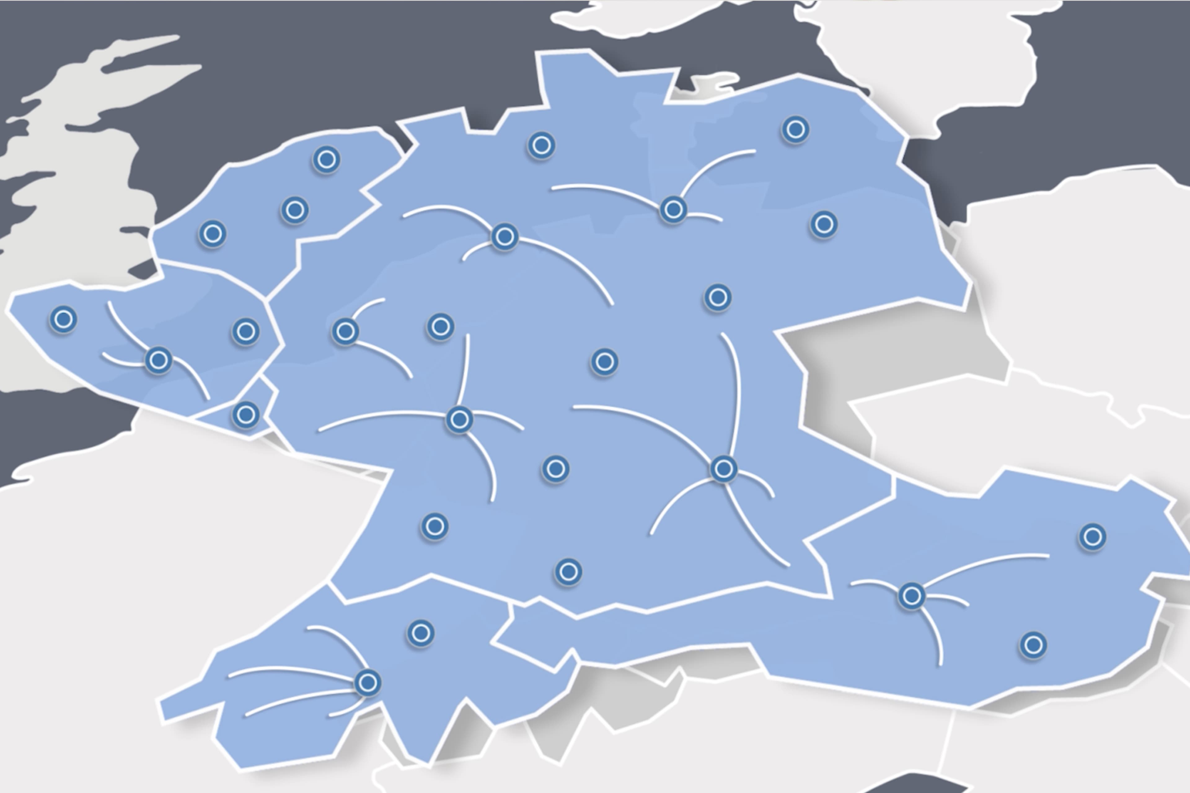 A map highlighting Germany and neighboring countries with several blue circles connected by lines, indicating a network or connections across the region. Surrounding areas are shaded in gray.