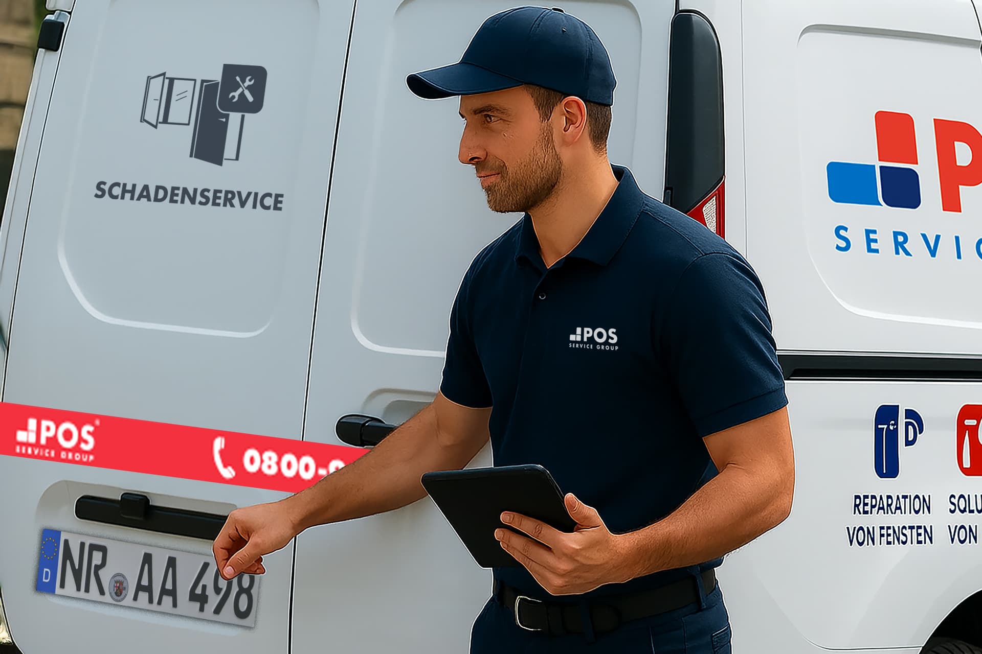 A man in a navy blue uniform and cap holds a tablet while standing beside a white service van with POS Service Group branding and Schadensservice written on the side.