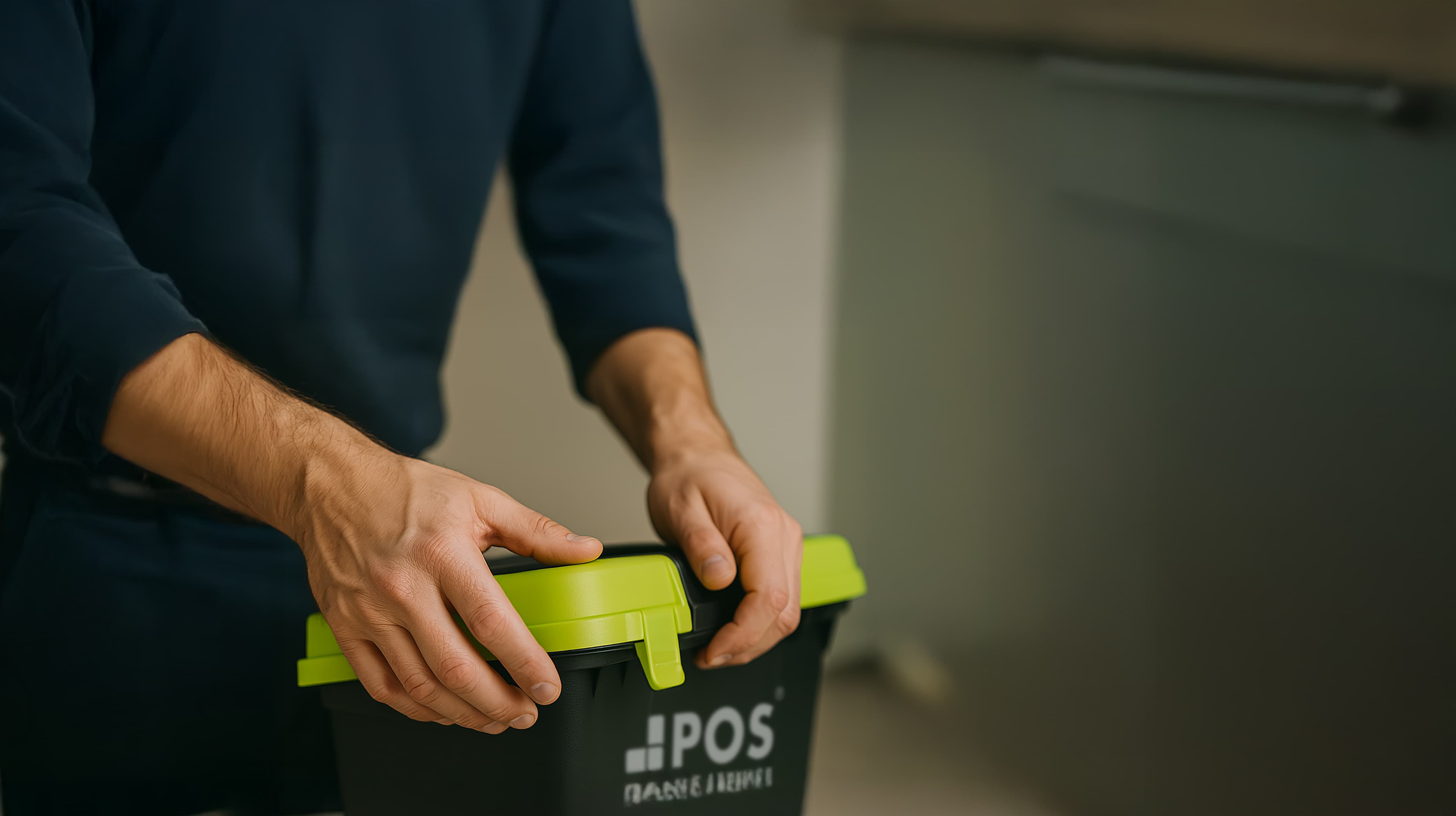 A person in a dark long-sleeve shirt closes a small black waste bin with a bright green lid indoors. The focus is on their hands and the bin.