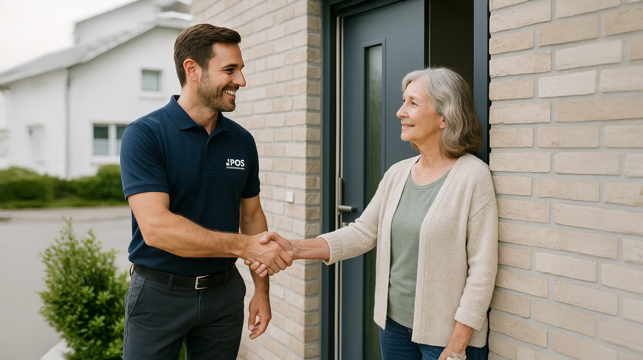 A smiling man in a navy polo shirt shakes hands with an older woman at her front door. They stand outside a brick house, appearing friendly and engaged in conversation.