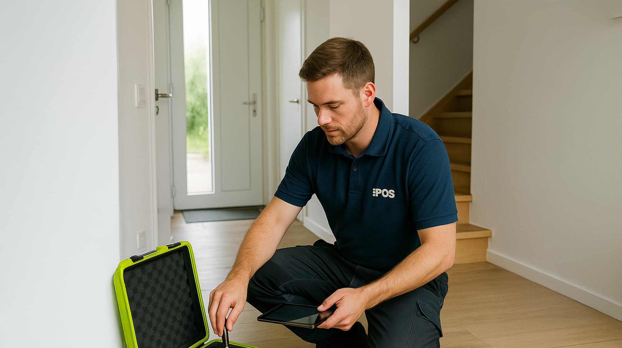A man in a navy blue polo shirt kneels on a wooden floor inside a house, working with tools from an open green case. He holds a tablet and appears to be inspecting or repairing something. Stairs and a door are visible in the background.