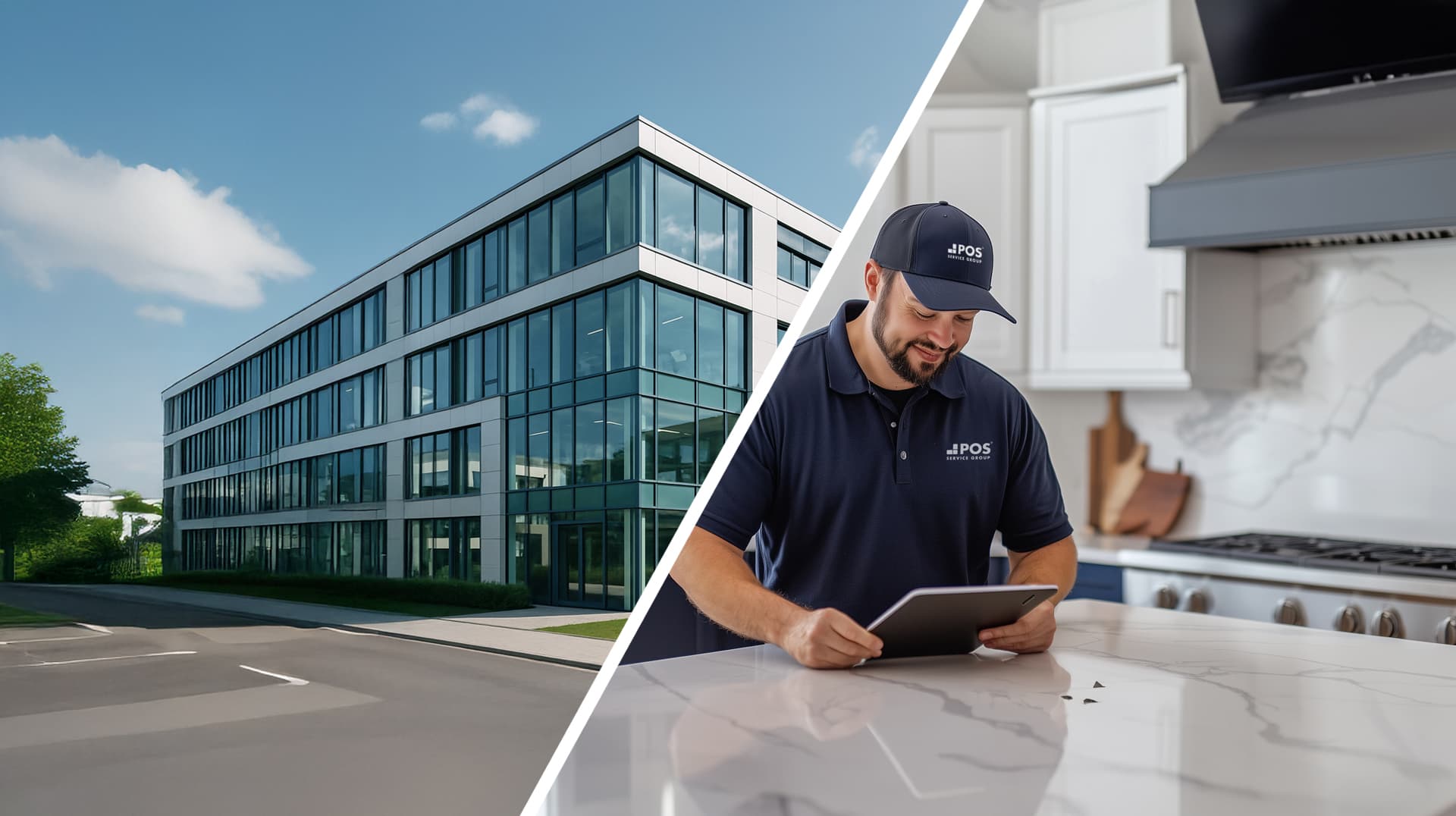 A split image showing a modern office building on the left and a man in work attire using a tablet in a bright kitchen on the right.