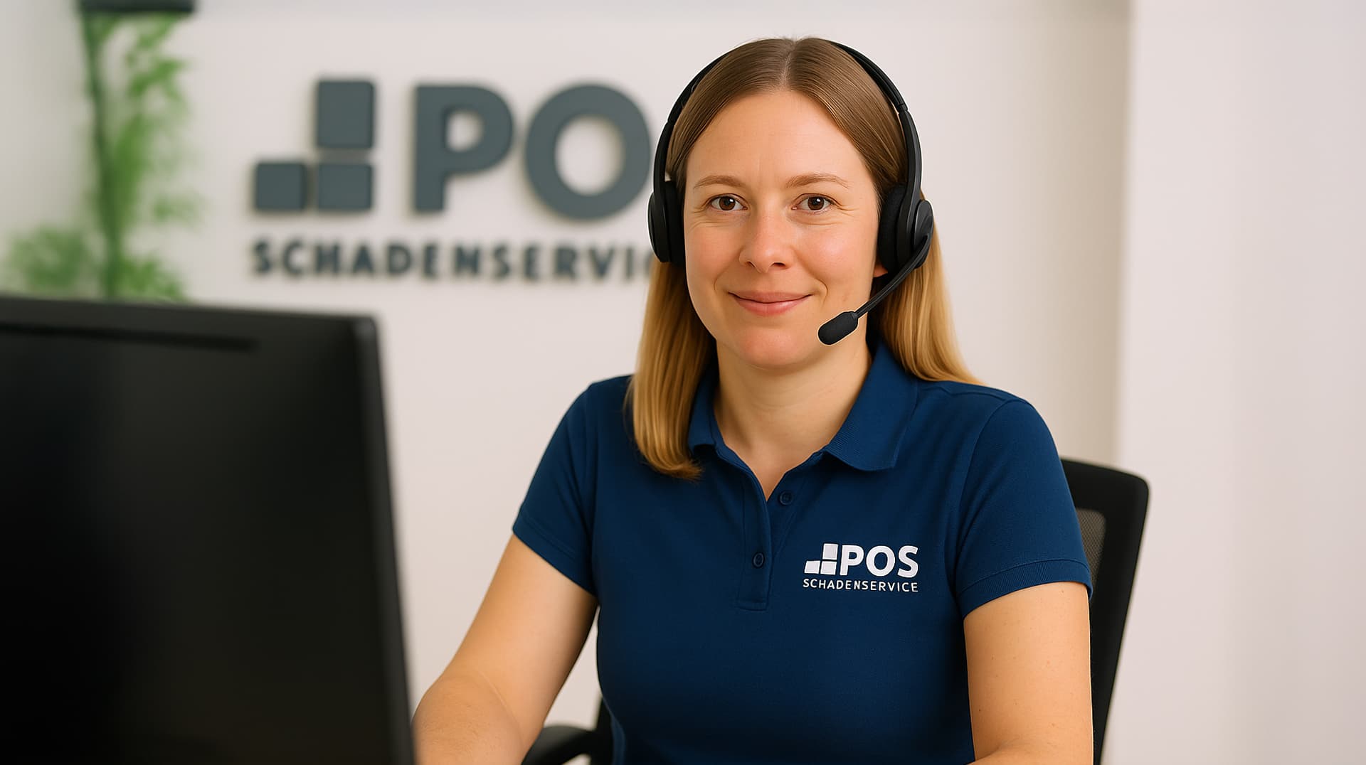 A woman with a headset sits at a desk, smiling at the camera. She wears a navy blue polo shirt with the POS Schadensservice logo. A computer monitor is in the foreground and a company logo is visible on the wall behind her.
