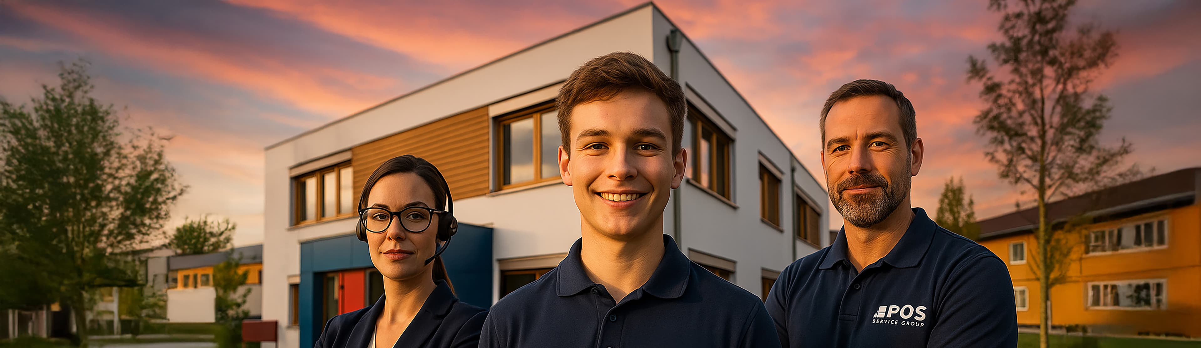 Three people wearing navy shirts with EPOS Service Group logos stand smiling in front of a modern house at sunset, with trees and other houses in the background.