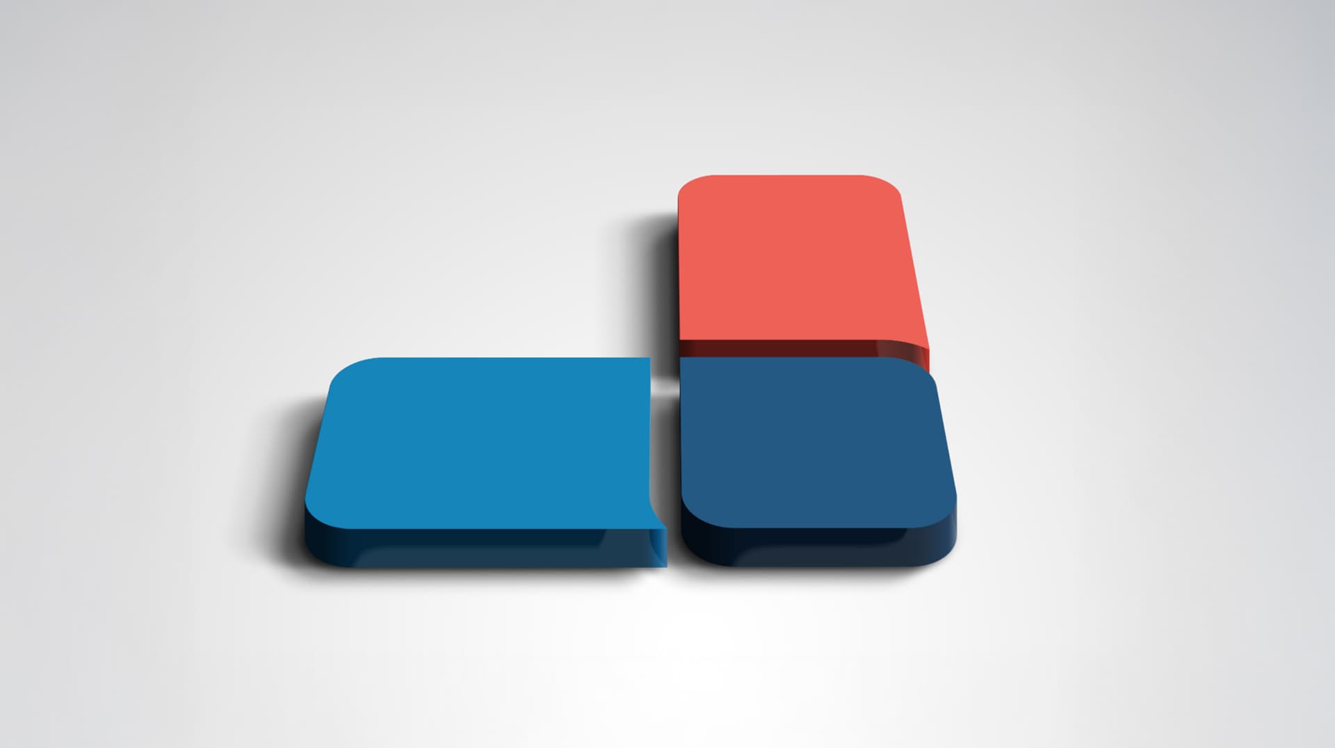 3D geometric logo with three rounded rectangles: blue at bottom left, dark blue at bottom right, and red at the top, arranged to form an abstract L-shape on a light gray background.